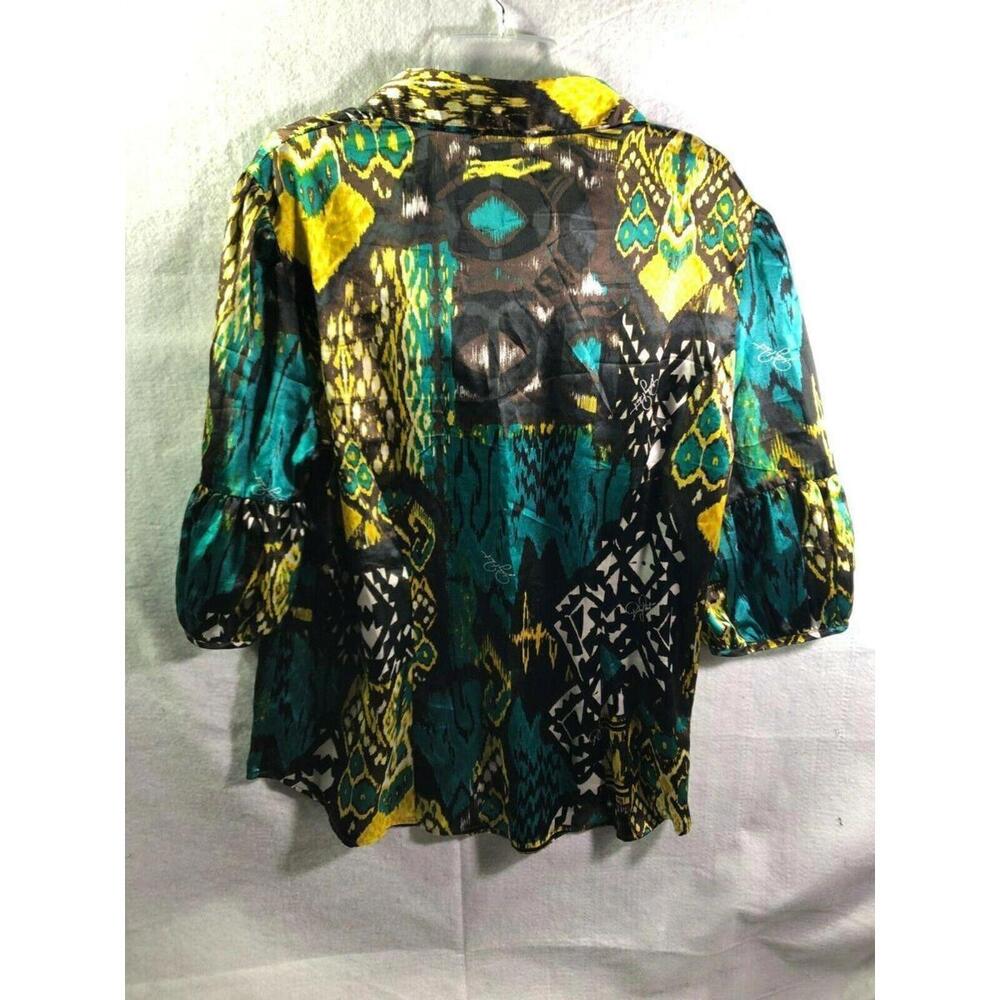 Baby Phat‎ Blouse Shirt Top Womens Size 1X Button Up Polyester Satin Yellow Blue